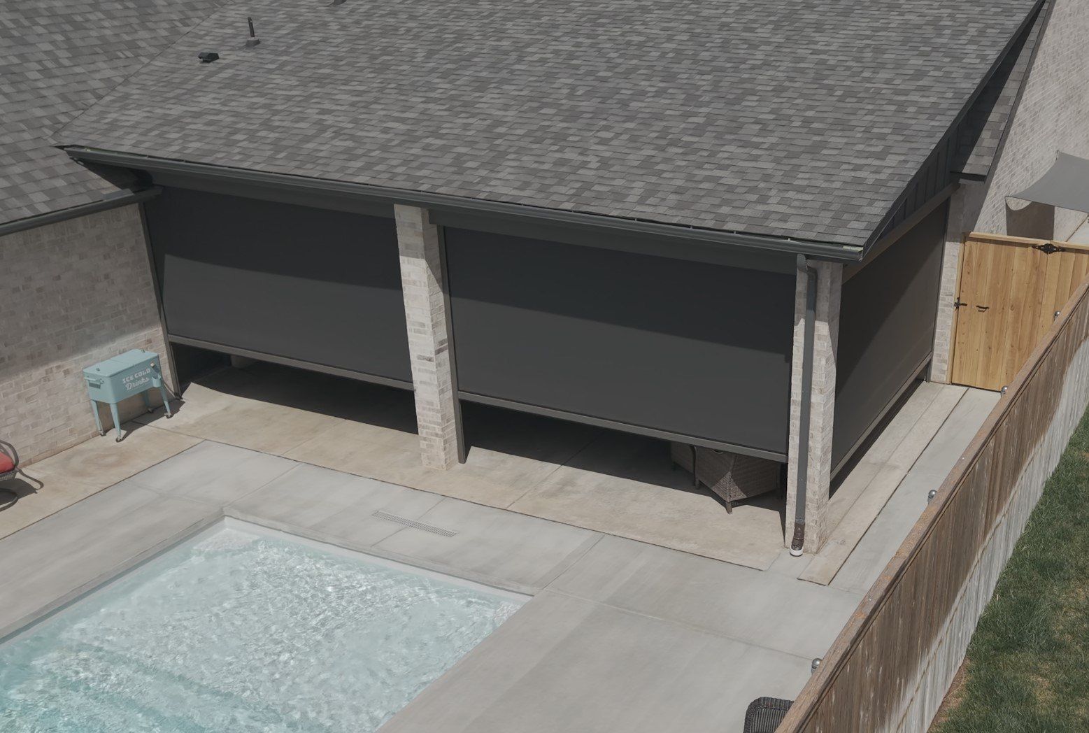 Aerial view of screens beside a pool